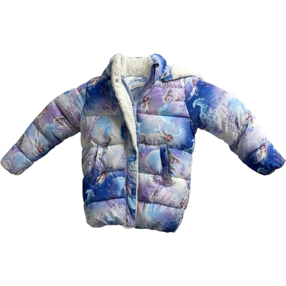 H&M Disney Frozen Elsa Puffer Jacket Blue Purple Hooded Winter Coat Kids 6-7Y